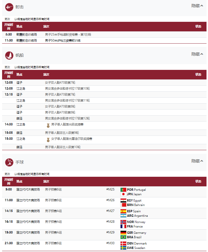2021东京奥运会8月1日比赛详细赛程 2021东京奥运会8月1日比赛项目