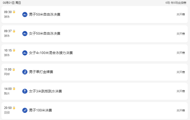 2021东京奥运会8月1日比赛详细赛程 2021东京奥运会8月1日比赛项目
