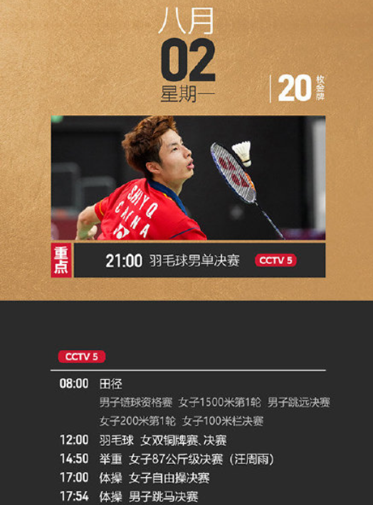 2021东京奥运会8月2日比赛详细赛程 2021东京奥运会8月2日比赛项目
