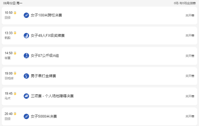2021东京奥运会8月2日比赛详细赛程 2021东京奥运会8月2日比赛项目