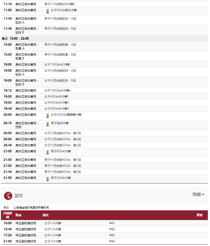 2021东京奥运会8月4日比赛详细赛程 2021东京奥运会8月4日比赛项目