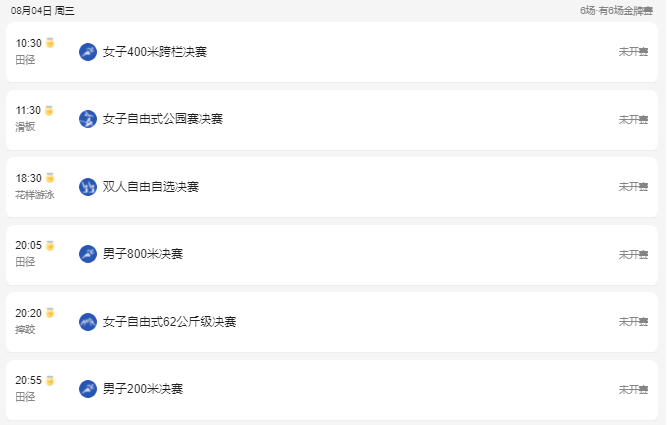 2021东京奥运会8月4日比赛详细赛程 2021东京奥运会8月4日比赛项目