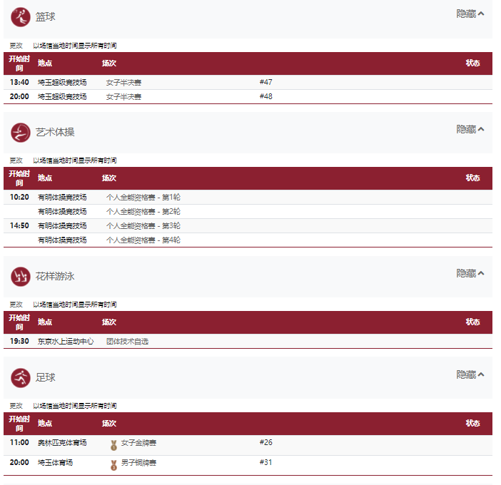 2021东京奥运会8月6日比赛详细赛程 2021东京奥运会8月6日比赛项目